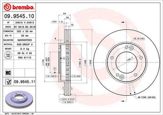 BREMBO 09.9545.11 Brembo 09.9545.11 UV Coated Front Disc Brake Rotor