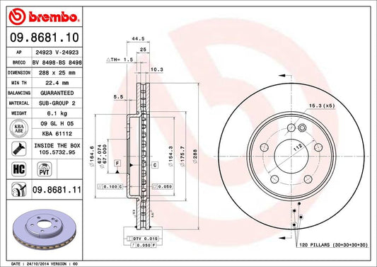 BREMBO 09.8681.11 Brembo 09.8681.11 UV Coated Pillar Vented Front Brake Rotor MERCEDES-BENZ OE# A1694211112