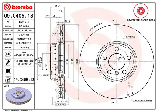 BREMBO 09C40513C02 Brembo 09.C405.13 Composite two piece UV Coated vented Front Brake Rotor BMW OE# 34116785669