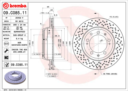 BREMBO 09.C085.11 Brembo 09.C085.11 UV Coated vented drilled Rear Brake Rotor PORSCHE OE# 99335204102