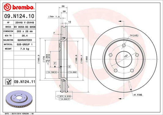 BREMBO 09N12411C02 Brembo 09.N124.11 UV Coated vented Front Brake Rotor CHRYSLER/DODGE/FIAT OE# 4721933AB